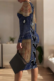Baby Blue Faux Denim Print O Neck Long Sleeve Casual Outings Straight Bodycon Midi Printed Dresses