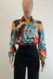 Multicolor Casual Print Buckle Patchwork Shirt Collar Tops