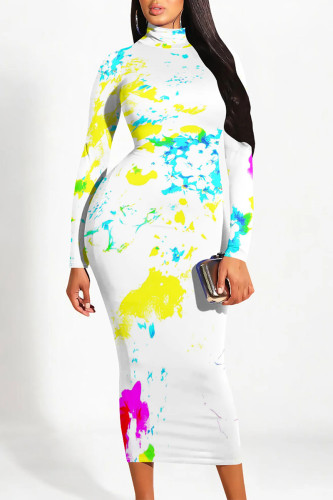 Multicolor Floral Print Half A Turtleneck Long Sleeve Casual Vacation Bodycon Midi Dresses