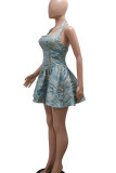 Blue Sexy Print Patchwork Backless Zipper Halter A Line Dresses