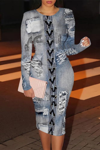 Baby Blue Faux Denim Print O Neck Long Sleeve Casual Outings Straight Bodycon Midi Printed Dresses