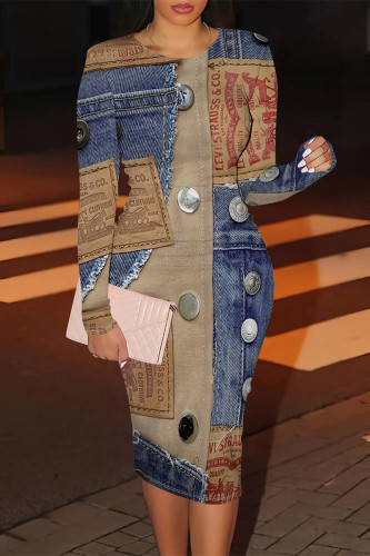 Multicolor Casual Street Faux Denim Print O Neck Long Sleeve Bodycon Pencil Midi Dresses