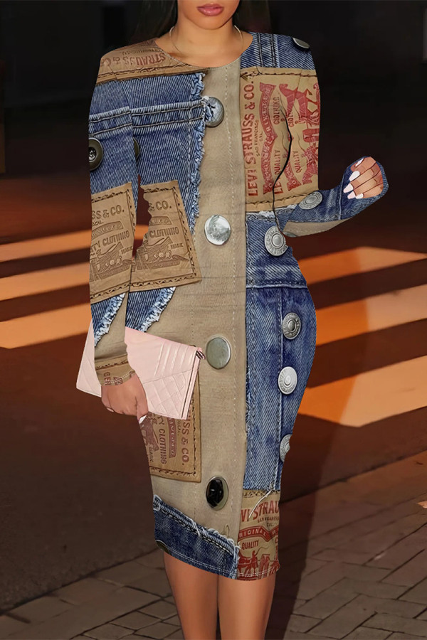 Multicolor Casual Street Faux Denim Print O Neck Long Sleeve Bodycon Pencil Midi Dresses