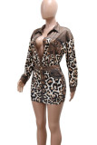 Leopard Print Sexy Leopard Print Buckle Patchwork Turndown Collar Long Sleeve Two Pieces