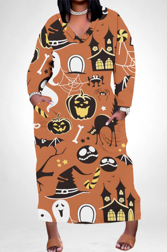 Light Orange Casual Street Skull Graffiti Print Pocket Contrast V Neck Printed Plus Size Dresses