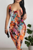 Black Sexy Street Geometric Print Lips Leopard Contrast U Neck Printed Dresses