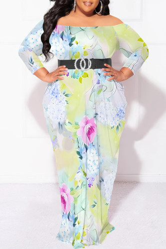 Light Yellow Off Shoulder Long Sleeve Plus Size Casual Vacation Garden Party Bodycon Floral Maxi Dresses(No Belt)