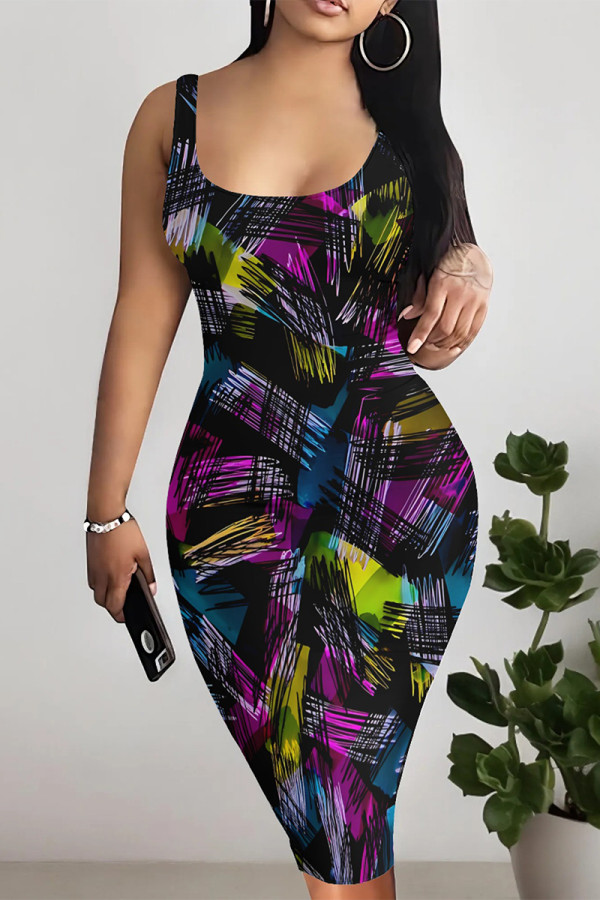 Black Sexy Street Geometric Print Lips Leopard Contrast U Neck Printed Dresses