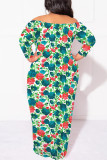 Red Green Off Shoulder Long Sleeve Plus Size Casual Vacation Garden Party Bodycon Floral Maxi Dresses(No Belt)