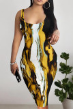 Deep Pink Sexy Street Geometric Print Gradient Color Contrast U Neck Printed Dresses