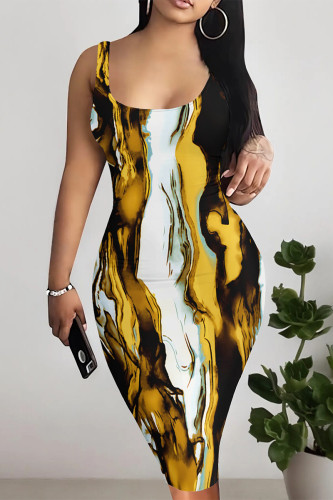 Multicolor Sexy Street Geometric Print Gradient Color Contrast U Neck Printed Dresses