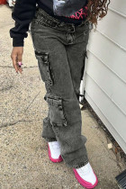 Dark Gray Casual Street Pocket Patchwork Zipper Mid Waist Straight Denim Jeans