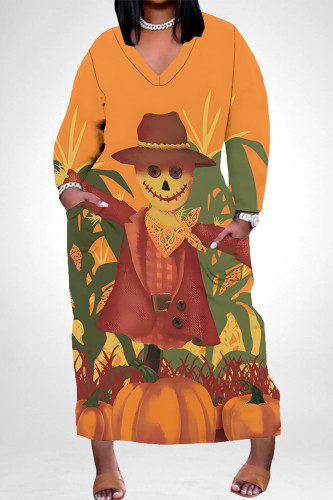 Orange Yellow Casual Street Skull Graffiti Print Pocket Contrast V Neck Printed Plus Size Dresses