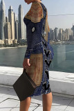 Baby Blue Faux Denim Print O Neck Long Sleeve Casual Outings Straight Bodycon Midi Printed Dresses