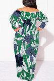 Red Green Off Shoulder Long Sleeve Plus Size Casual Vacation Garden Party Bodycon Floral Maxi Dresses(No Belt)