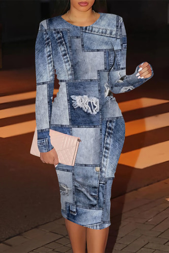 Baby Blue Casual Street Faux Denim Print O Neck Long Sleeve Bodycon Pencil Midi Dresses