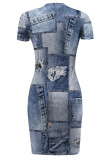 Blue Coffee Faux Denim Print O Neck Short Sleeve Irregular Hem Straight Loose Fit T Shirt Midi Dress