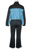 White Denim Patchwork Lantern Sleeve Zip-UP Jacket and Wide Leg Pant Casual Outing Two Piece Sweatpant Set