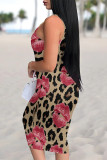 Black Sexy Street Geometric Print Lips Leopard Contrast U Neck Printed Dresses
