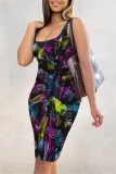 Black Sexy Street Geometric Print Lips Leopard Contrast U Neck Printed Dresses