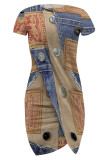 Blue Coffee Faux Denim Print O Neck Short Sleeve Irregular Hem Straight Loose Fit T Shirt Midi Dress