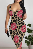 Black Sexy Street Geometric Print Lips Leopard Contrast U Neck Printed Dresses