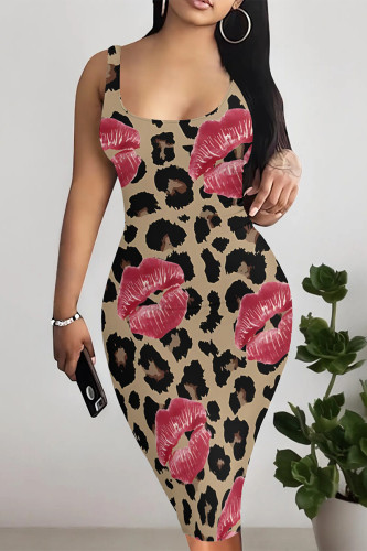 Leopard Print Sexy Street Geometric Print Lips Leopard Contrast U Neck Printed Dresses