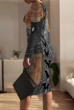 Baby Blue Faux Denim Print O Neck Long Sleeve Casual Outings Straight Bodycon Midi Printed Dresses