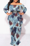 Red Green Off Shoulder Long Sleeve Plus Size Casual Vacation Garden Party Bodycon Floral Maxi Dresses(No Belt)