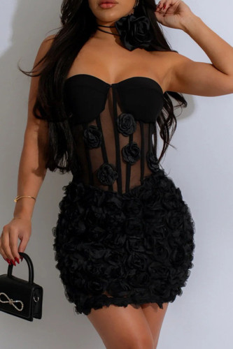 Black Sexy Solid Color Patchwork See-Through Backless Flower Shape Strapless Wrapped Skirt Dresses