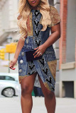 Blue Coffee Faux Denim Print O Neck Short Sleeve Irregular Hem Straight Loose Fit T Shirt Midi Dress