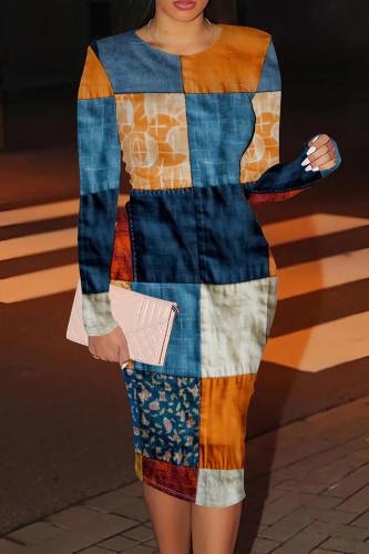 Orange Blue Graphic Print Long Sleeve Casual Outing Bodycon Pencil Midi Dress