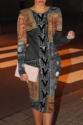 Blue Black Faux Denim Print O Neck Long Sleeve Casual Outings Straight Bodycon Midi Printed Dresses
