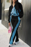 White Denim Patchwork Lantern Sleeve Zip-UP Jacket and Wide Leg Pant Casual Outing Two Piece Sweatpant Set