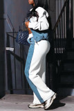 White Denim Patchwork Lantern Sleeve Zip-UP Jacket and Wide Leg Pant Casual Outing Two Piece Sweatpant Set