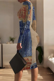 Baby Blue Casual Street Faux Denim Print O Neck Long Sleeve Bodycon Pencil Midi Dresses