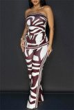Reddish Brown Abstract Print Strapless Tube Top and Flowy Wide Leg Pants Casual Vacation Party Two Piece Outfit