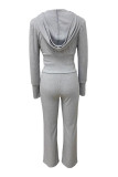 Grey Draw String Zipper Long Sleeve Knit Hoodie Sweatshirt and Skinny Pants Casual Outing Two Piece Sweater Jogging Set