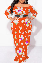Orange Off Shoulder Long Sleeve Plus Size Casual Vacation Garden Party Bodycon Floral Maxi Dresses(No Belt)