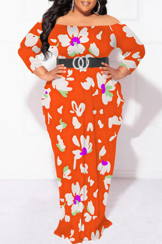 Orange Off Shoulder Long Sleeve Plus Size Casual Vacation Garden Party Bodycon Floral Maxi Dresses(No Belt)