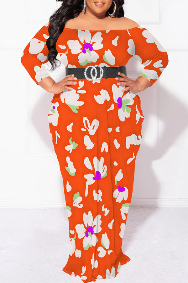Orange Off Shoulder Long Sleeve Plus Size Casual Vacation Garden Party Bodycon Floral Maxi Dresses(No Belt)