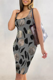 Black Sexy Street Geometric Print Lips Leopard Contrast U Neck Printed Dresses