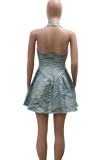 Blue Sexy Print Patchwork Backless Zipper Halter A Line Dresses