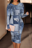 Baby Blue Casual Street Faux Denim Print O Neck Long Sleeve Bodycon Pencil Midi Dresses