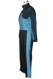 White Denim Patchwork Lantern Sleeve Zip-UP Jacket and Wide Leg Pant Casual Outing Two Piece Sweatpant Set