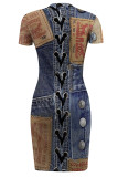 Blue Coffee Faux Denim Print O Neck Short Sleeve Irregular Hem Straight Loose Fit T Shirt Midi Dress