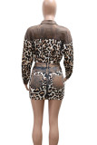 Leopard Print Sexy Leopard Print Buckle Patchwork Turndown Collar Long Sleeve Two Pieces