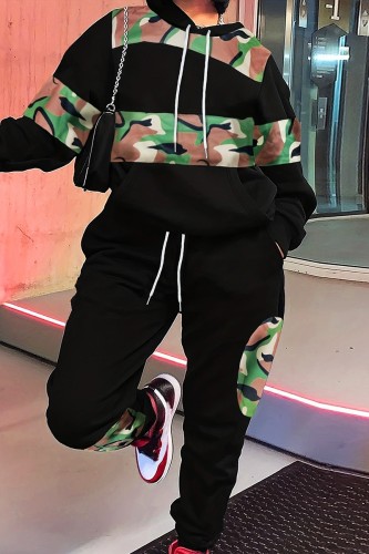 Green Camo Patchwork Tracksuit Set Casual Streetwear Long Sleeve Hoodie and Loose Fit Jogger Pant