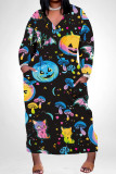 Colour Casual Street Skull Graffiti Print Pocket Contrast V Neck Printed Plus Size Dresses