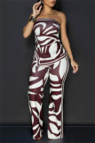 Reddish Brown Abstract Print Strapless Tube Top and Flowy Wide Leg Pants Casual Vacation Party Two Piece Outfit